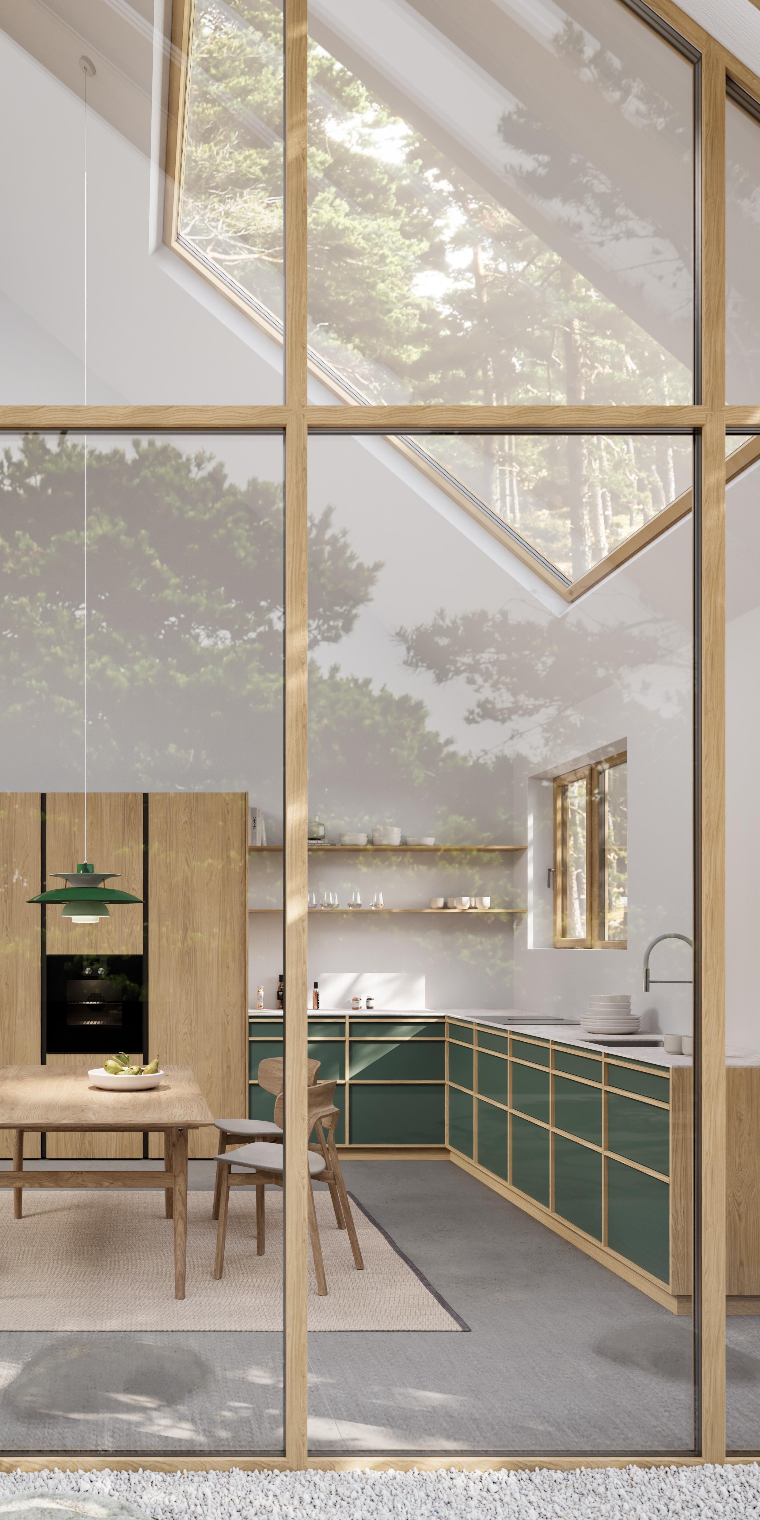 Moderne Küche mit grünen Schränken, Holzmöbeln und großen Fenstern, Blick ins Grüne.