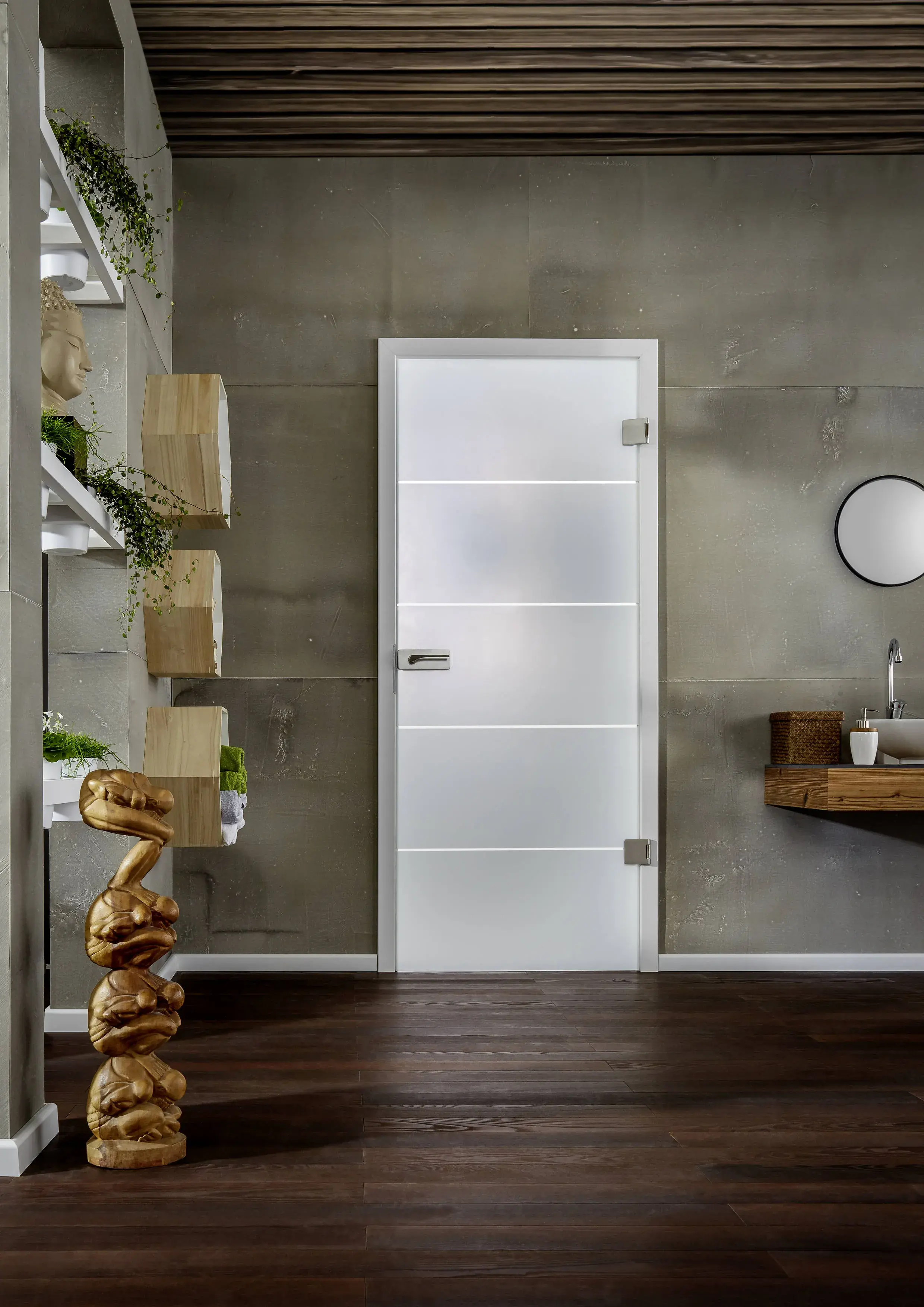 Modernes Badezimmer mit Milchglastür, Holzwaschtisch und Pflanzenregalen.